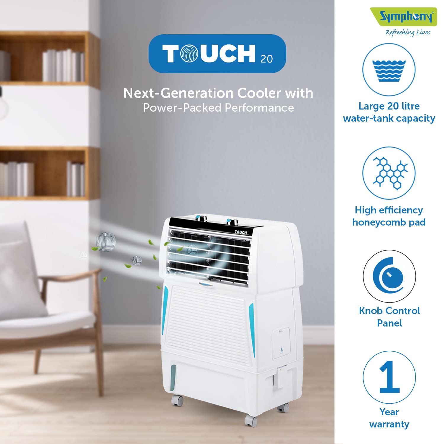 Symphony Touch 20 Personal Air Cooler for Home with Honeycomb Pads, Powerful Blower, i-Pure Technology and Removable Tank