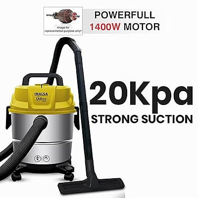 INALSA Wet & Dry Vacuum Cleaner for Home|1400 Watt & 20 Kpa Suction| Hose|Steel Tank with 3in1 Multifunction Wet/Dry/Blowing& Hepa Filtration |1Yr Warranty,(Yellow/Silver) MicroWd15