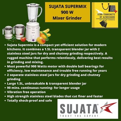 Sujata Supermix, Mixer Grinder, 900 Watts, 3 Jars (White) Sujata Supermix, Mixer Grinder, 900 Watts, 3 Jars (White)