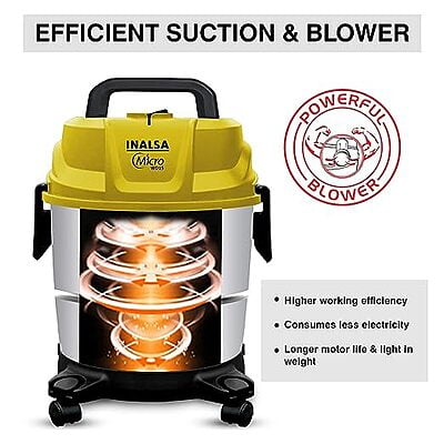 INALSA Wet & Dry Vacuum Cleaner for Home|1400 Watt & 20 Kpa Suction| Hose|Steel Tank with 3in1 Multifunction Wet/Dry/Blowing& Hepa Filtration |1Yr Warranty,(Yellow/Silver) MicroWd15