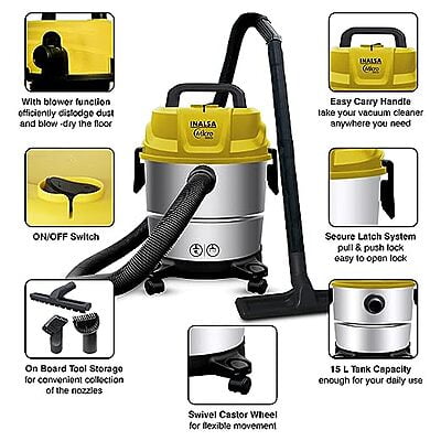 INALSA Wet & Dry Vacuum Cleaner for Home|1400 Watt & 20 Kpa Suction| Hose|Steel Tank with 3in1 Multifunction Wet/Dry/Blowing& Hepa Filtration |1Yr Warranty,(Yellow/Silver) MicroWd15