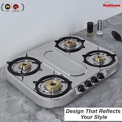 Sunflame Gas Cooktop Spectra 4 Brass Burner Stainless Steel