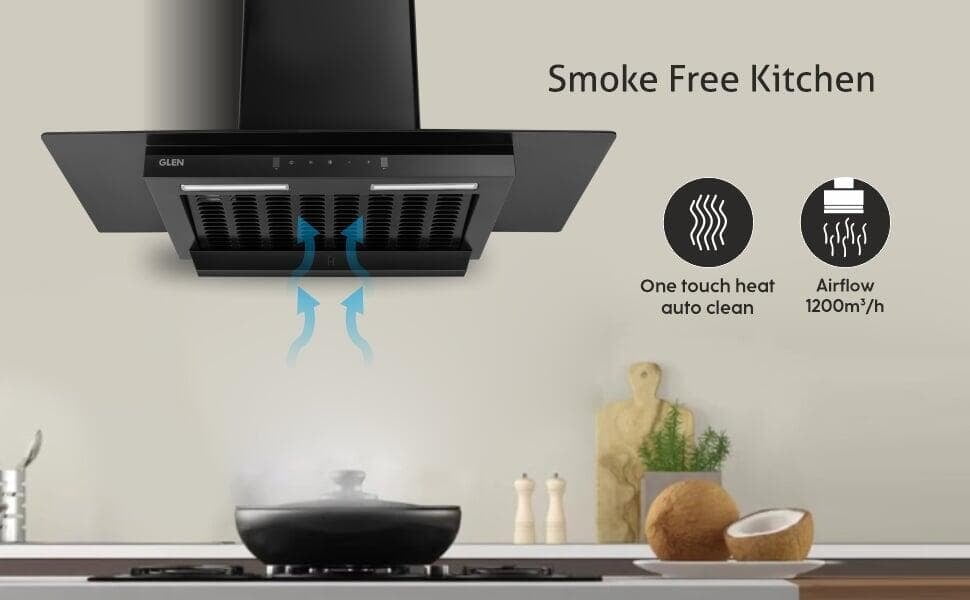 Glen Auto Clean Glass Filter less Kitchen Chimney With Motion Sensor, 1200 m3/h (CH6062BLAC60) smoke free kitchen