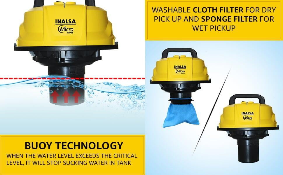 INALSA Wet & Dry Vacuum Cleaner for Home washable cloth filter for dry pick up