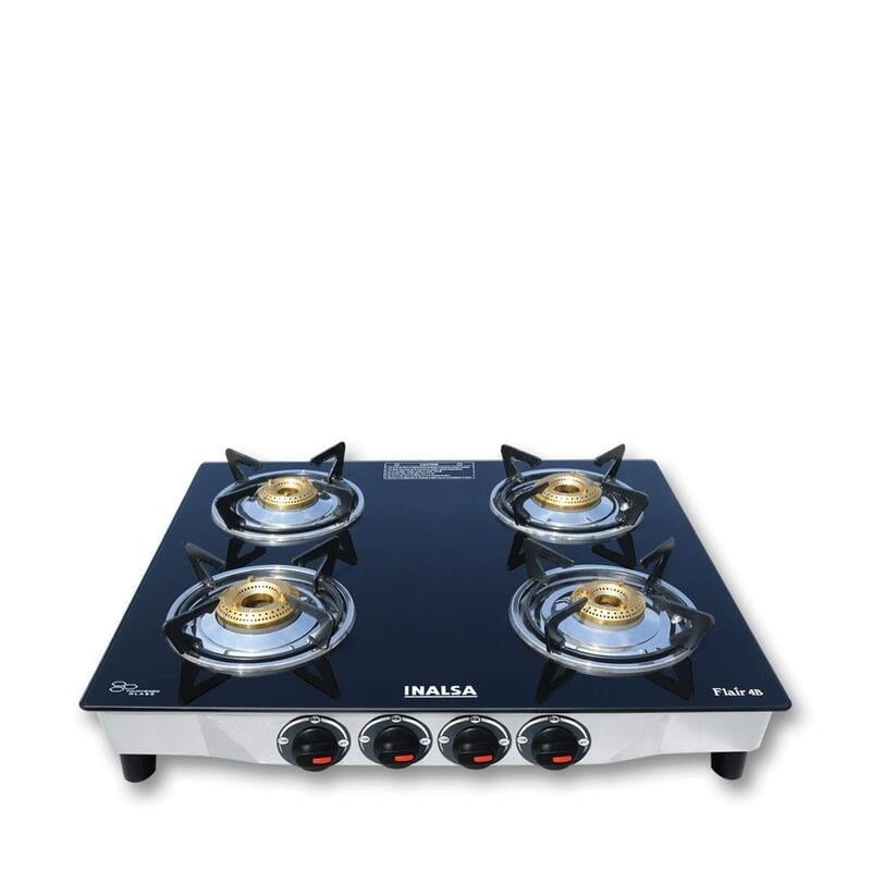 Inalsa Flair Stainless Steel Glass Top, 4 Burner Gas Stove, Black Inalsa Flair Stainless Steel Glass Top, 4 Burner Gas Stove, Black