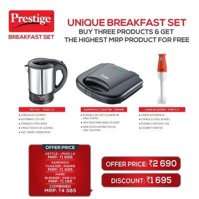 Prestige Breakfast Set Electric Kettle + Hand Blender + Grill Toaster Prestige Breakfast Set Electric Kettle + Hand Blender + Grill Toaster