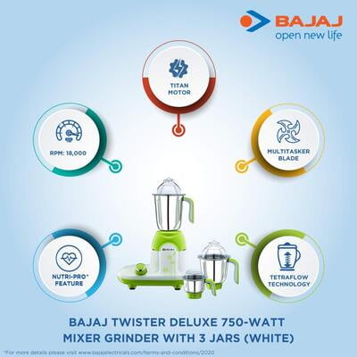 Bajaj Twister Deluxe 750-Watt Mixer Grinder with 3 Jars Bajaj Twister Deluxe 750-Watt Mixer Grinder with 3 Jars