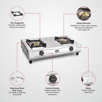 Sunflame Double Burner Gas Stove Shakti Dx 2Brner Stainless Steel Sunflame Double Burner Gas Stove Shakti Dx 2Brner Stainless Steel
