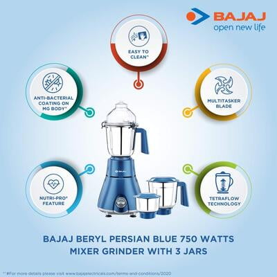 Bajaj Beryl Persian Blue 750-Watts Mixer Grinder with 3 Jar Bajaj Beryl Persian Blue 750-Watts Mixer Grinder with 3 Jar
