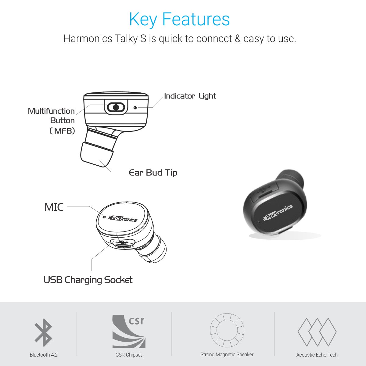 PORTRONICS MICRO BLUETOOTH HEADPHONE HARMONICS TALKY S BLACK POR 948