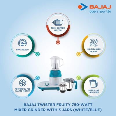 Bajaj Twister Fruity 750-Watts Mixer Grinder with 3 Jars Bajaj Twister Fruity 750-Watts Mixer Grinder with 3 Jars
