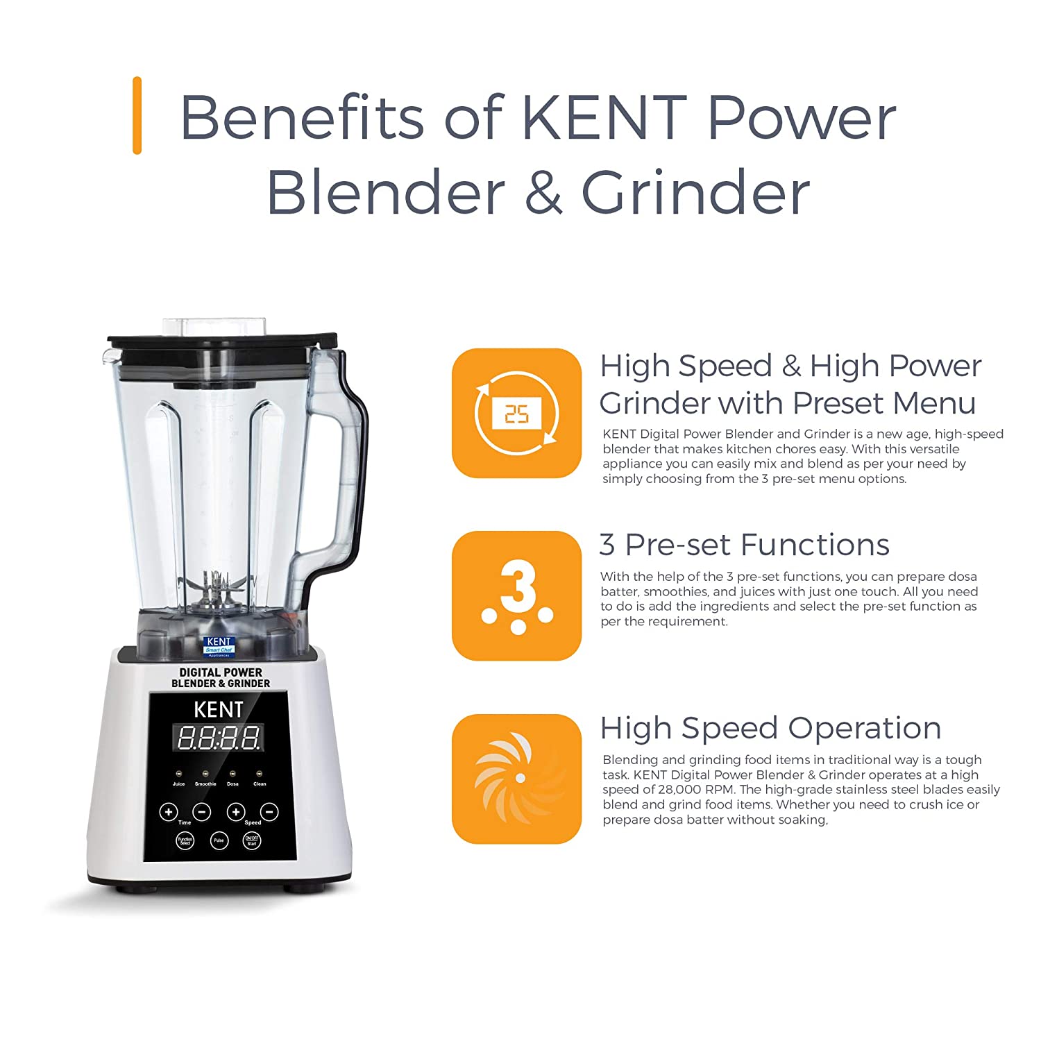 Kent Digital Power Blender & Grinder 16027 2500-Watt