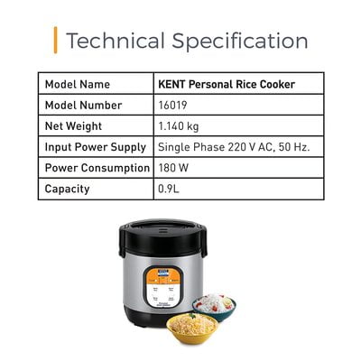 KENT Personal Rice Cooker 0.9-litres 180-Watt (Black and Silver)