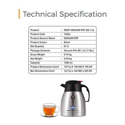Kent Stainless Steel Vacuum Pot, 1.2 Litre, Silver Kent Stainless Steel Vacuum Pot, 1.2 Litre, Silver