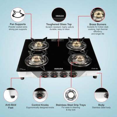 Inalsa Flair Stainless Steel Glass Top, 4 Burner Gas Stove, Black