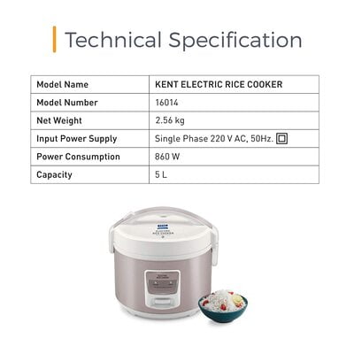 KENT Electric Rice Cooker 5-litres 700-Watt (White and Reddish Grey)