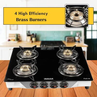 Inalsa Flair Stainless Steel Glass Top, 4 Burner Gas Stove, Black Inalsa Flair Stainless Steel Glass Top, 4 Burner Gas Stove, Black
