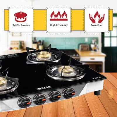 Inalsa Flair Stainless Steel Glass Top, 4 Burner Gas Stove, Black Inalsa Flair Stainless Steel Glass Top, 4 Burner Gas Stove, Black