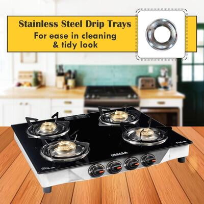 Inalsa Flair Stainless Steel Glass Top, 4 Burner Gas Stove, Black Inalsa Flair Stainless Steel Glass Top, 4 Burner Gas Stove, Black