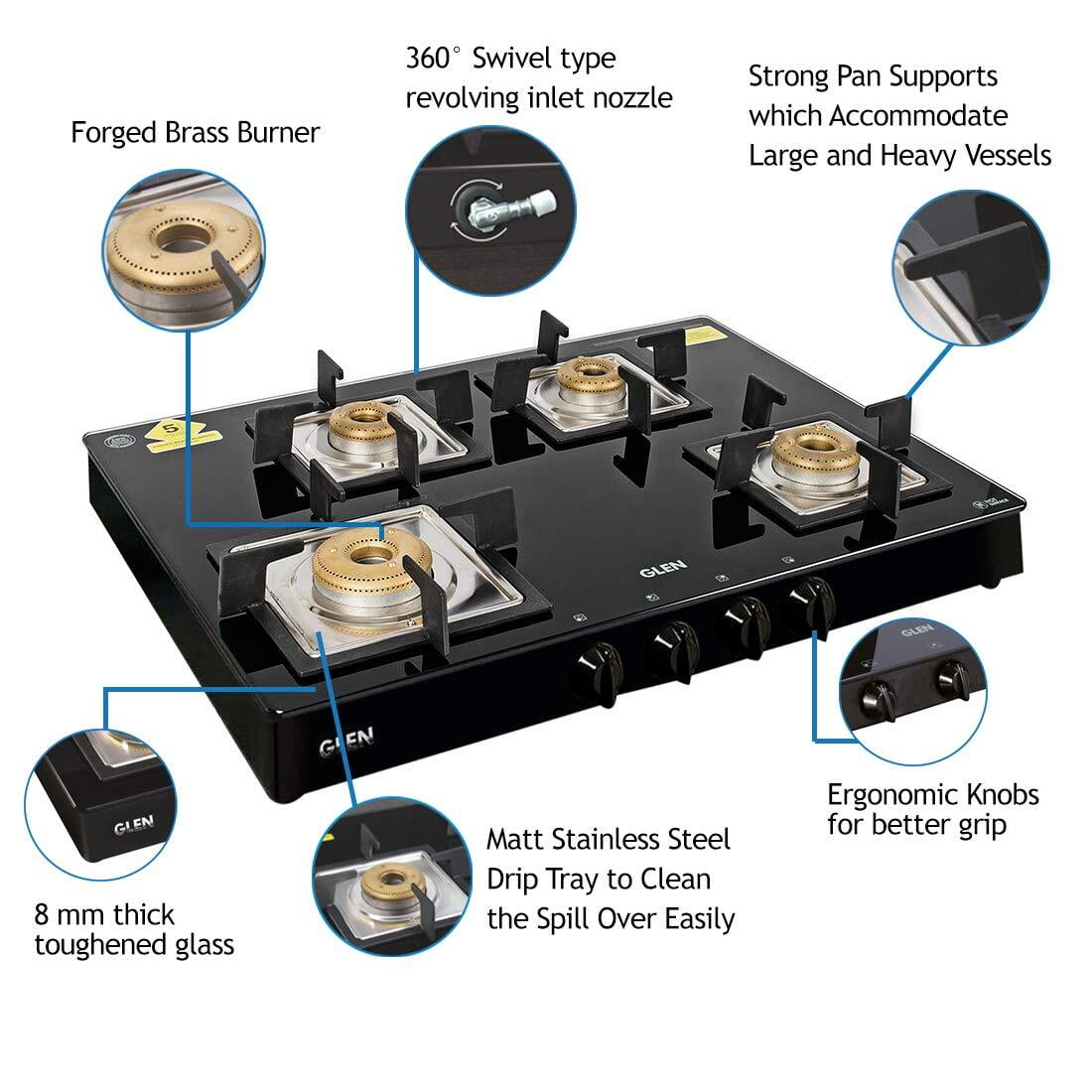 Buy Glen 4 Burner Glass Black Cooktop 1048 SQ BL Brass Burners