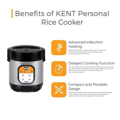 KENT Personal Rice Cooker 0.9-litres 180-Watt (Black and Silver)