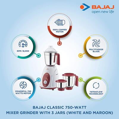 Bajaj Classic Mixer Grinder, 750W, 3 Jars (White and Maroon) Bajaj Classic Mixer Grinder, 750W, 3 Jars (White and Maroon)