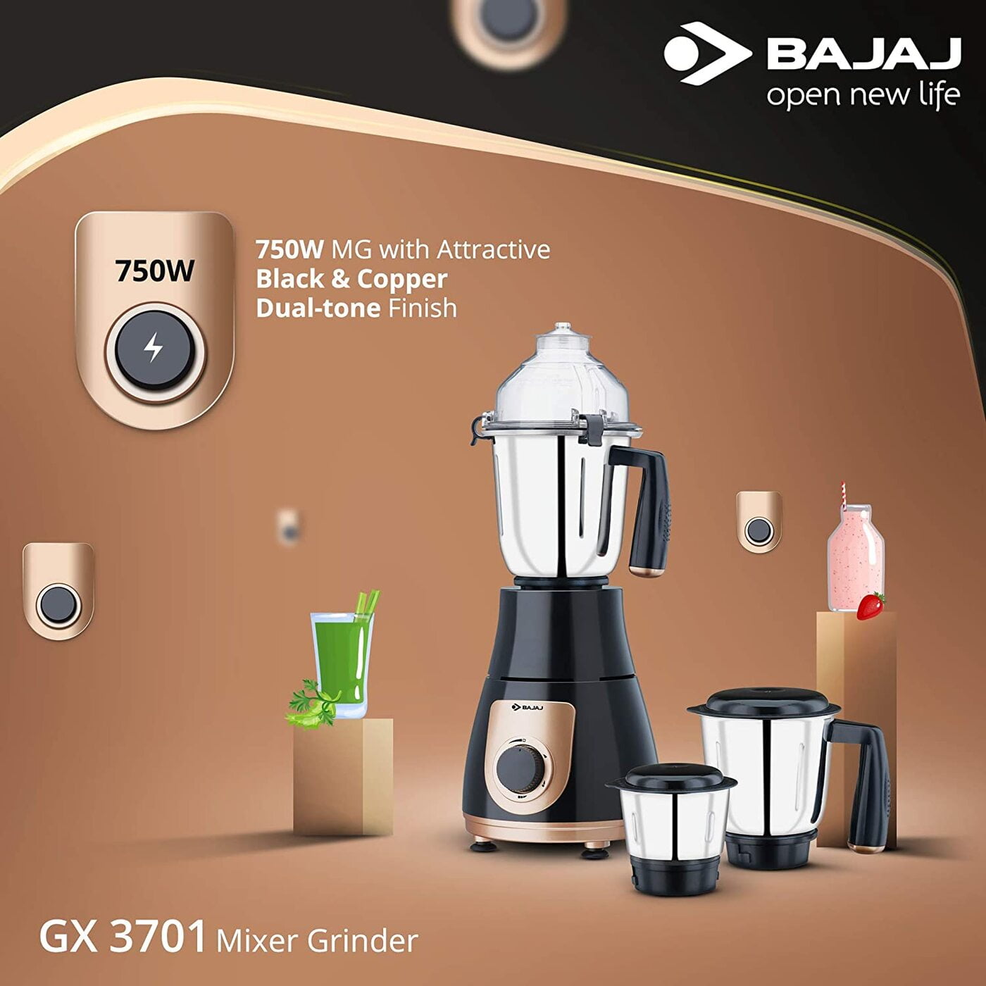 Buy Bajaj GX 3701 750 Watts Mixer Grinder with 3 Jars Online On