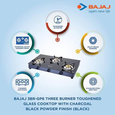 Bajaj Gas Stove Gp 6 Glass Top 3 Burner