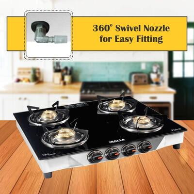 Inalsa Flair Stainless Steel Glass Top, 4 Burner Gas Stove, Black Inalsa Flair Stainless Steel Glass Top, 4 Burner Gas Stove, Black