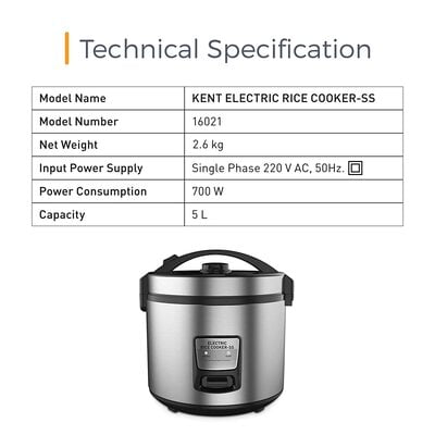 KENT Electric Rice Cooker SS-16021, 5 L-700 Watt (Silver)