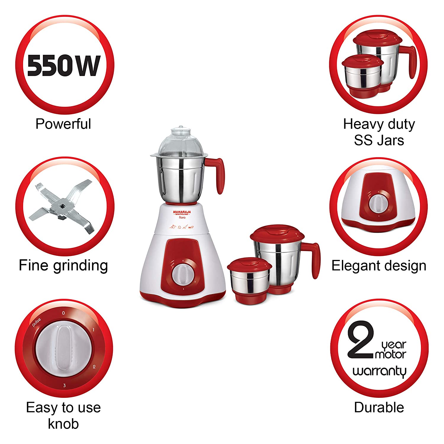 Maharaja Whiteline Flora MX-133 550-Watt 3-Speed Mixer Grinder with 3 Jar Maharaja Whiteline Flora MX-133 550-Watt 3-Speed Mixer Grinder with 3 Jar