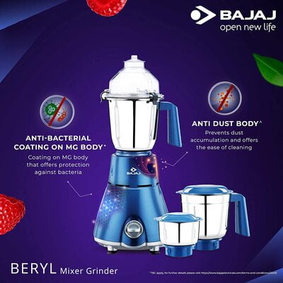 Bajaj Beryl Persian Blue 750-Watts Mixer Grinder with 3 Jar Bajaj Beryl Persian Blue 750-Watts Mixer Grinder with 3 Jar