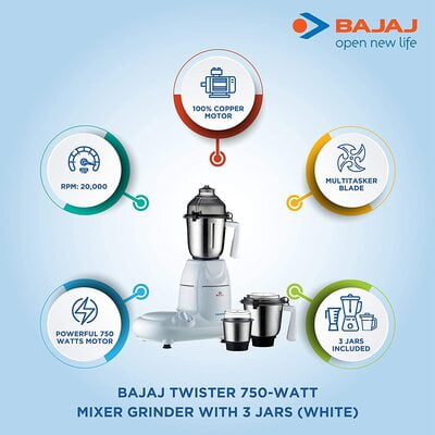 Bajaj Twister 750-Watt Mixer Grinder with 3 Jars (White) Bajaj Twister 750-Watt Mixer Grinder with 3 Jars (White)