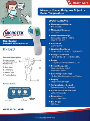 MICROTEK IT-1520 Non-Contact Infrared Thermometer for Body, Object & Room Temperature