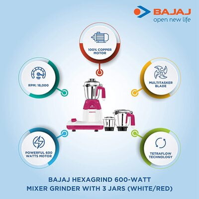 Bajaj Hexagrind 600-Watts Mixer Grinder with 3 Jars Bajaj Hexagrind 600-Watts Mixer Grinder with 3 Jars