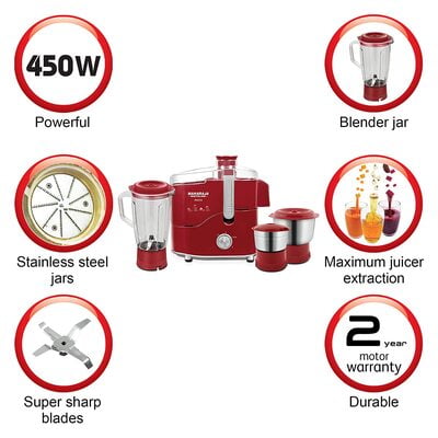 Maharaja Whiteline Desire Red Treasure 450-Watt Juicer Mixer Grinder Maharaja Whiteline Desire Red Treasure 450-Watt Juicer Mixer Grinder