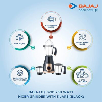 Bajaj GX 3701 750 Watts Mixer Grinder with 3 Jars