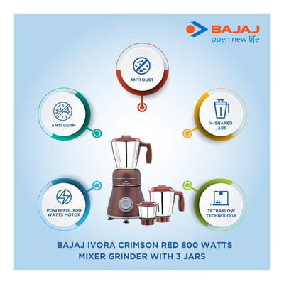 Bajaj Ivora Crimson Red 800 Watts Mixer Grinder with 3 Jars Bajaj Ivora Crimson Red 800 Watts Mixer Grinder with 3 Jars