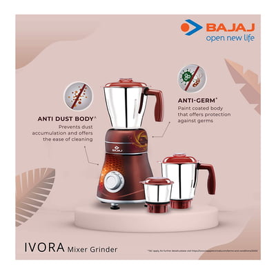 Bajaj Ivora Crimson Red 800 Watts Mixer Grinder with 3 Jars Bajaj Ivora Crimson Red 800 Watts Mixer Grinder with 3 Jars