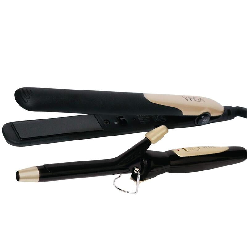 VEGA Miss Dazzle Styling Set, Hair Straightener With Ceramic Coated Plates & 19 Mm Barrel Hair Curler Combo (VHSS-02), Black