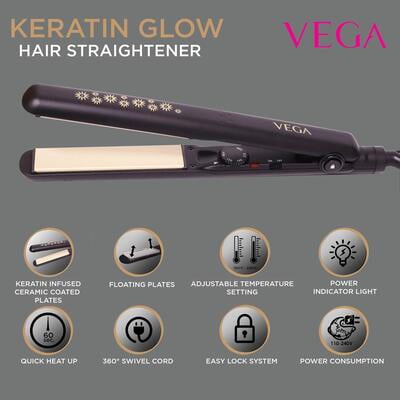 VEGA Keratin Glow Hair Straightener With Keratin-Infused Floating Plates (VHSH-20), Black VEGA Keratin Glow Hair Straightener With Keratin-Infused Floating Plates (VHSH-20), Black