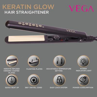 VEGA Keratin Glow Hair Straightener With Keratin-Infused Floating Plates (VHSH-20), Black