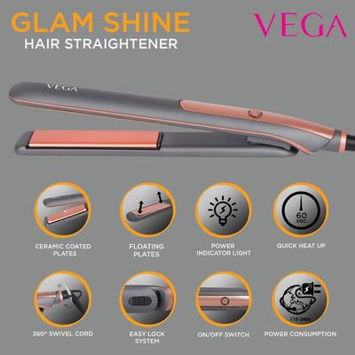 VEGA Glam Shine Hair Straightener With Ceramic Coated Floating Plates & Quick Heat Up (VHSH-24)