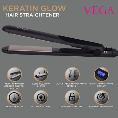 VEGA Keratin Glow Hair Straightener With Adjustable Temperature & Keratin-Infused Long Floating Plates (VHSH-21), Black