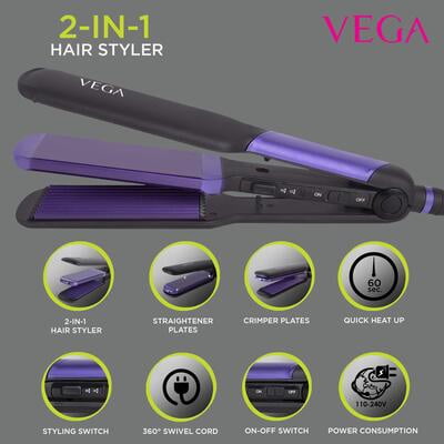 VEGA 2 In 1 Hair Styler - Straightener & Crimper With Ceramic Coated Plates (VHSC-01), Black