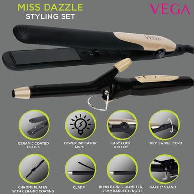 VEGA Miss Dazzle Styling Set, Hair Straightener With Ceramic Coated Plates & 19 Mm Barrel Hair Curler Combo (VHSS-02), Black
