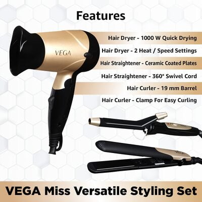 VEGA Miss Versatile Styling Set Straightener, Curler & Dryer Gift Combo (VHSS-03), Black VEGA Miss Versatile Styling Set Straightener, Curler & Dryer Gift Combo (VHSS-03), Black