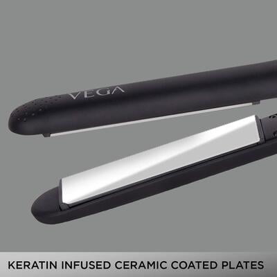 VEGA Keratin Glow Hair Straightener With Adjustable Temperature & Keratin-Infused Long Floating Plates (VHSH-21), Black