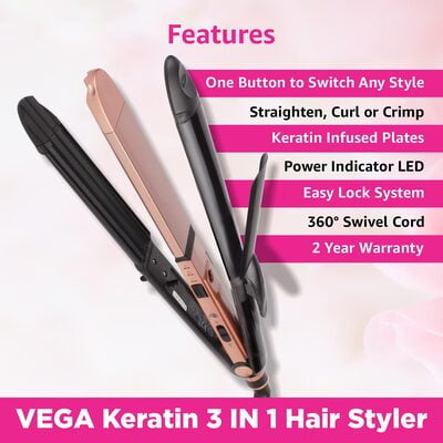 VEGA Keratin 3 in 1 Hair Styler - Straightener, Curler, and Crimper (VHSCC-03), 1N, Rose Gold