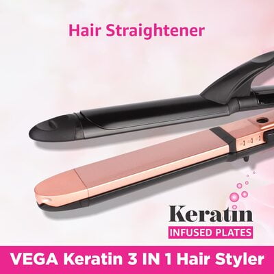 VEGA Keratin 3 in 1 Hair Styler - Straightener, Curler, and Crimper (VHSCC-03), 1N, Rose Gold